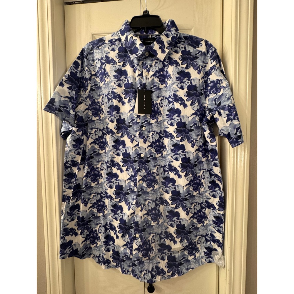 Perry Ellis Mens XLT Floral Short Sleeve Button Up Shirt Blue White Cotton Blend